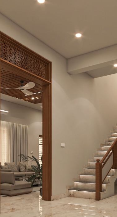 Modern staircase room interior with elegant wooden steps and stylish lighting by Hexal Builders