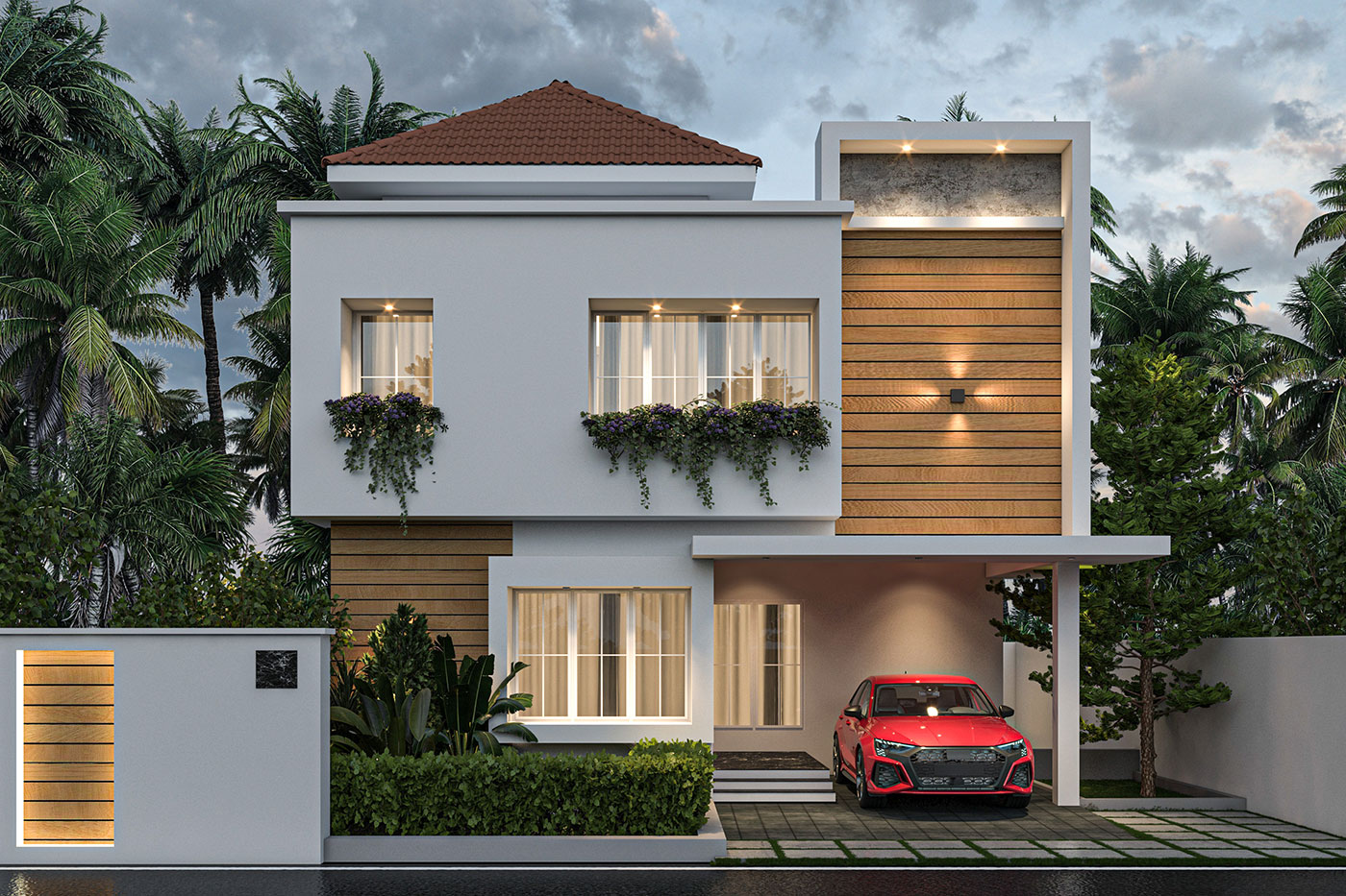 Completed modern two-storied villa exterior with traditional design touches in Thrissur, Kerala by Hexal Builders