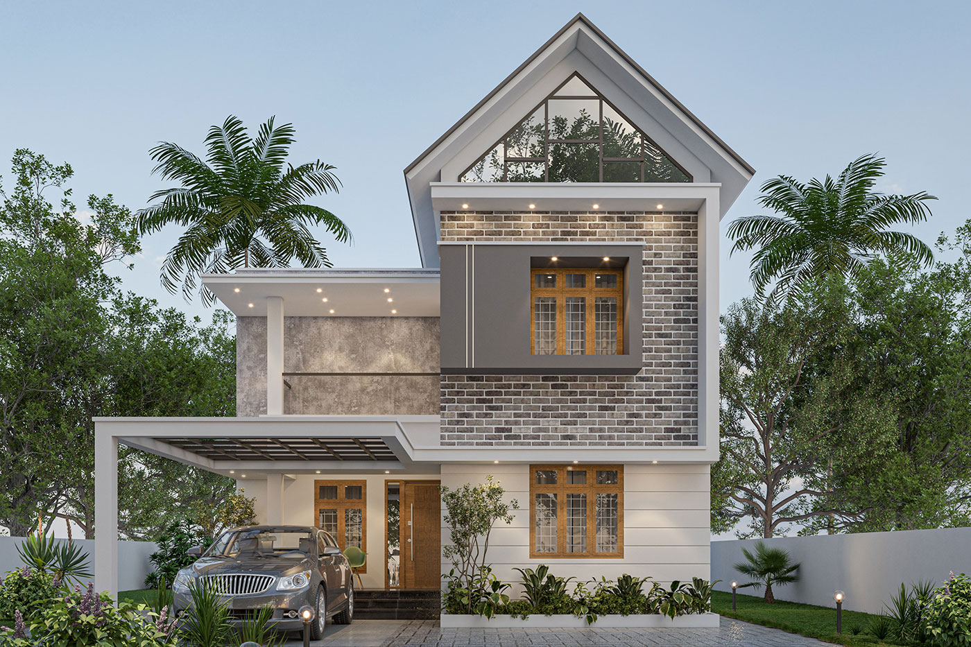 Completed two‑storied villa exterior with traditional and modern design for Mrs. Shruthy at Vallivattom, Vellangallur, West Irinjalakuda, Thrissur, Kerala by Hexal Builders