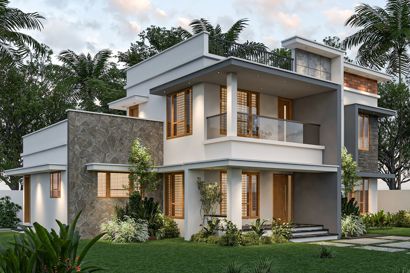 Modern two‑storied villa exterior 3D design for Mr. Ajith at Kodungallur, Thrissur, Kerala by Hexal Builders