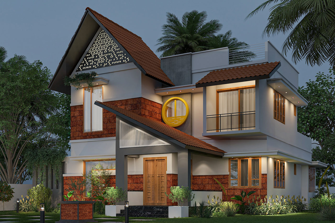 Two‑storied completed villa exterior with a blend of traditional and modern style for Mr. Athul at Kodungallur, Thrissur, Kerala by Hexal Builders