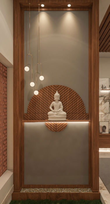Elegant show wall with Buddha idol in a serene modern room interior by Hexal Builders
